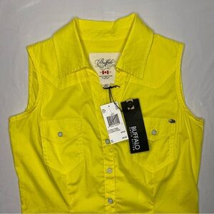 NWT BUFFALO Trixia Sleeveless Sz Small Full Button Cotton Neon Yellow Bl…